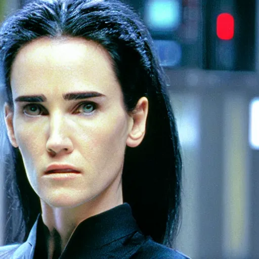 Prompt: jennifer connelly in matrix, cinema, still from movie, action, blu ray, 4 k, strong acting