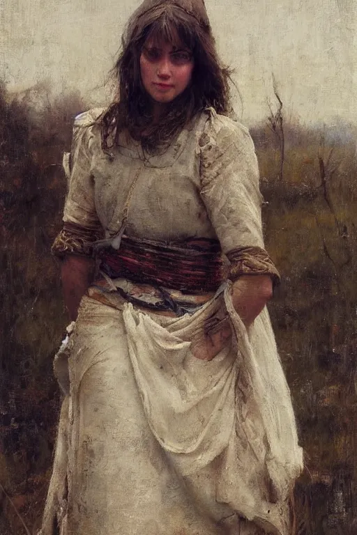 Image similar to Richard Schmid and Jeremy Lipking and Antonio Rotta full length portrait painting of a young beautiful traditonal viking woman