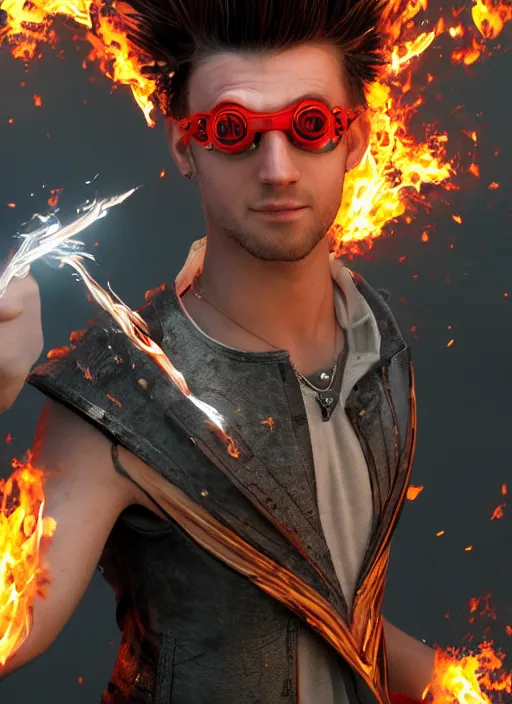 Prompt: An epic fantasy comic book style portrait painting of young man with long red spiked hair. Wearing a black waistcoat, white shirt, using googles. Blasting fire on his hands. Unreal 5, DAZ, hyperrealistic, octane render, cosplay, RPG portrait, dynamic lighting