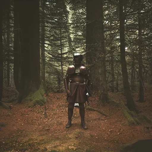 Image similar to close up kodak portra 4 0 0 photograph of a roman legimeer after the battle standing in dark forest, moody lighting, telephoto, 9 0 s vibe, blurry background, vaporwave colors, faded