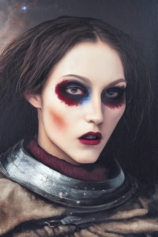 Image similar to hyperrealism oil painting, close - up portrait of european medieval brunette vampire fashion model, knight, steel gradient mixed with nebula sky, in style of baroque