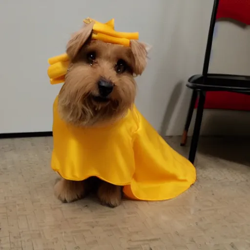 Prompt: mac and cheese serene gown dog