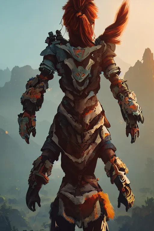 Image similar to combination suit armor aloy horizon forbidden west horizon zero dawn radiating a glowing aura global illumination ray tracing hdr fanart arstation by ian pesty and alena aenami artworks in 4 k tribal robot ninja mask helmet backpack