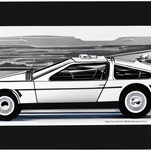 Image similar to 1955 DeLorean as designed by Ford concept by Syd Mead, catalog print