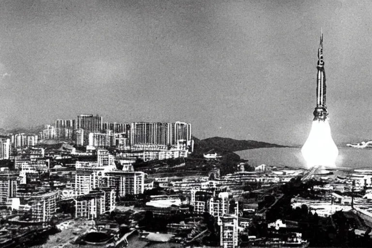 Image similar to a filmstill of Kim Jong-il and a Starro Kaiju monster destroying Pyongyang, in Godzilla (1954) by Ishirō Honda, traditional Korean city, palace, epic ultrawide shot, cinémascope