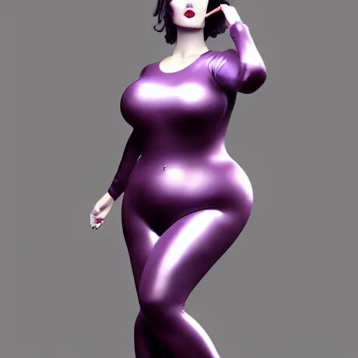 Image similar to portrait of a curvy feminine hot pale goth woman with elegant tight silver nylon latex and silk outfit, thin waist, black lipstick and purple makeup, photorealistic, sublime, 16k, smooth, sharp focus, cgsociety, ArtStation, volumetric lighting