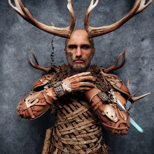 Image similar to warrior with surface of tree - bark, wearing stone wood vines antlers armor, holding laser rifle, lotus position, meditating, highly detailed, dramatic lighting, cinematic, sci - fi, hyperrealistic, detailed