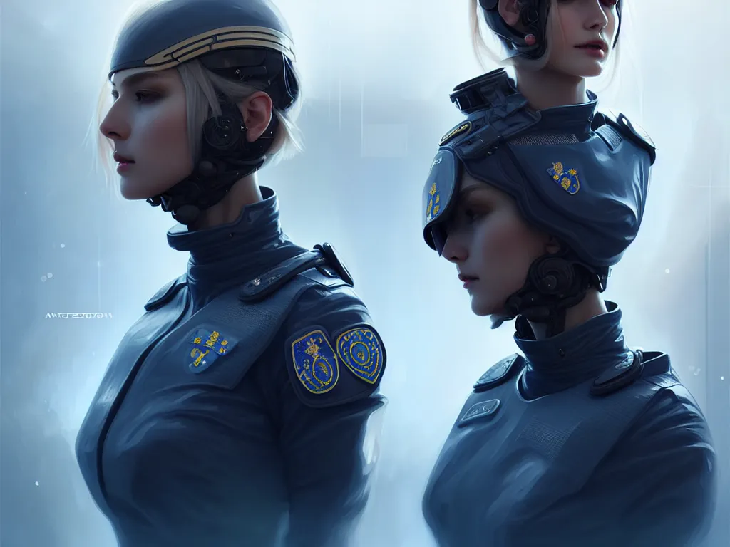Image similar to portrait futuristic sweden police uniform female, at future neon light rooftop, ssci - fi and fantasy, intricate and very very beautiful and elegant, highly detailed, digital painting, artstation, concept art, smooth and sharp focus, illustration, art by tan zi and ayanamikodon and alphonse mucha and wlop