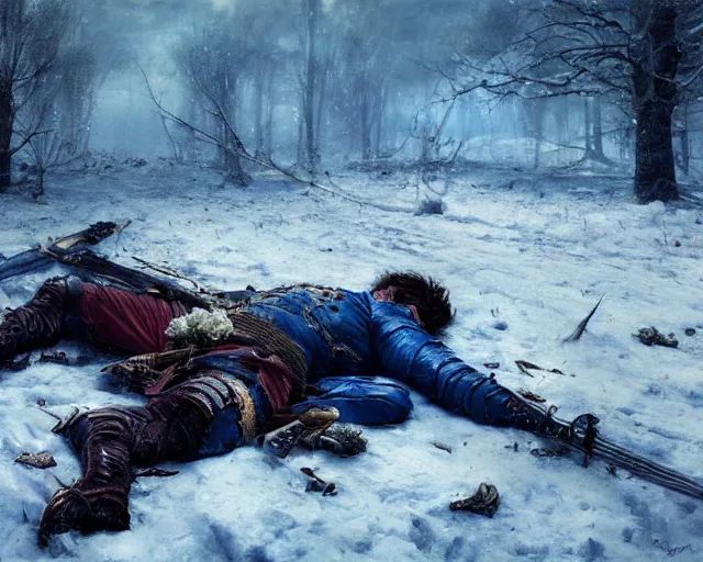 Image similar to Highly realistic oil painting of a wounded knight lying in the snow, surrounded by blue flowers, blood on flowers, by greg rutkowski, highly detailed, cinematic lighting, moody, dark