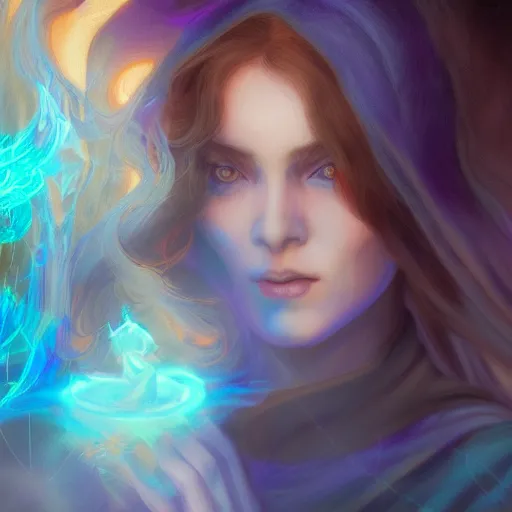 Image similar to portrait of a female sorcerer using magic, blueish aura by her side, dynamic pose, chromatic aberration, medium level shot, grim fantasy, illustration, mucha style, concept art,