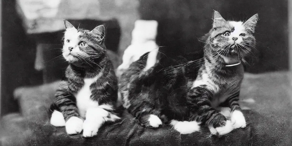 Image similar to an old black and white vintage film photo from 1890, a Tec support cat, funny, silly,