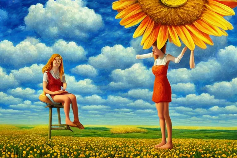 Image similar to giant daisy flower head, woman sitting, surreal, clouds in sky, impressionist painting, digital painting, artstation, rob gonsalves