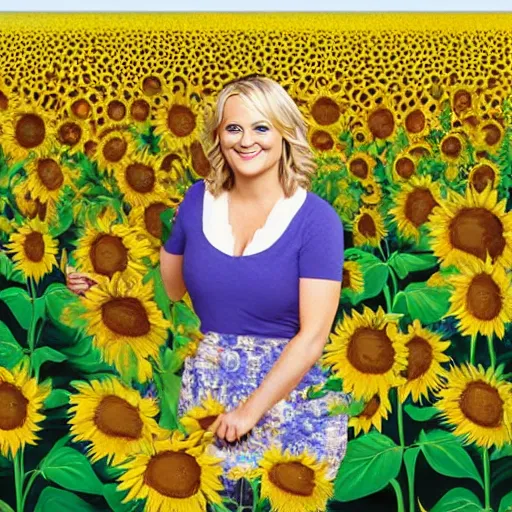 Image similar to a mural of Amy poehler as Leslie knope in a meadow of beautiful sunflowers —width 480 —height 270