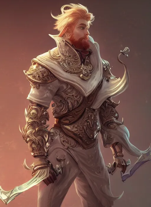 Image similar to a highly detailed illustration of short ginger haired man wearing white suit, dramatic holding ornate mechanical cane pose, intricate, elegant, highly detailed, centered, digital painting, artstation, concept art, smooth, sharp focus, league of legends concept art, WLOP