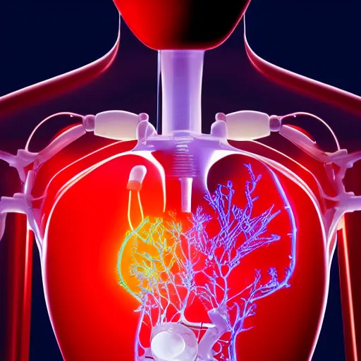 Prompt: a realistic photograph of an artificial heart, bio - mechanical, bioluminescence, translucent plastic,, red and blue tubes within, white laboratory