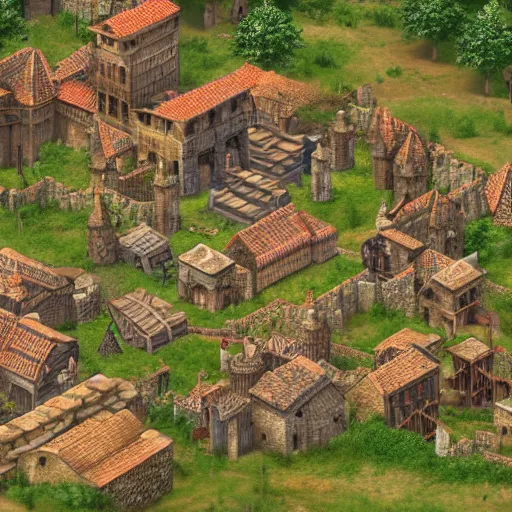 Image similar to photoreal, age of empires two, isometric view of medieval town, 4k, high detail,