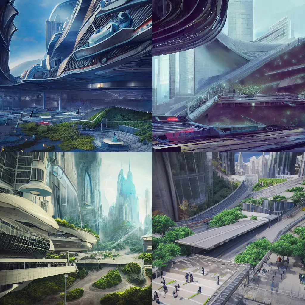 Prompt: environment concept art location of a giant outdoor amphitheater in a sci-fi eco-city, skybridges, turrets, busy, futuristic, unreal engine, detailed, octane render, 4k, photorealistic, cinematic lighting