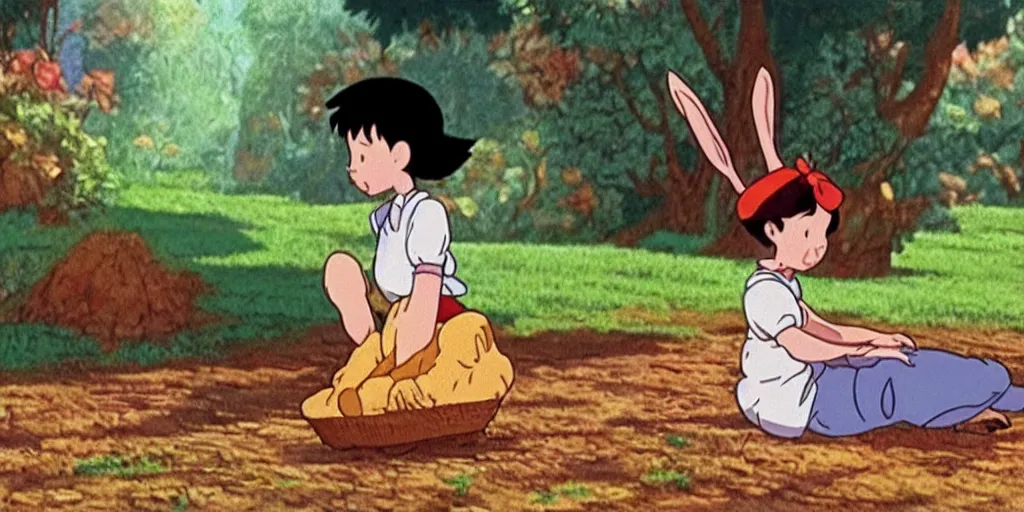 Prompt: a rabbit in the movie kiki's delivery service, screenshot