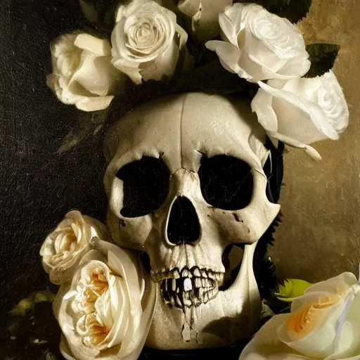 Image similar to a detailed gritty looking baroque still life oil painting of a human skull with white roses coming out of the eye sockets and and shining white diamonds sitting inside the roses, dark black rippling lace curtains behind, wide shot
