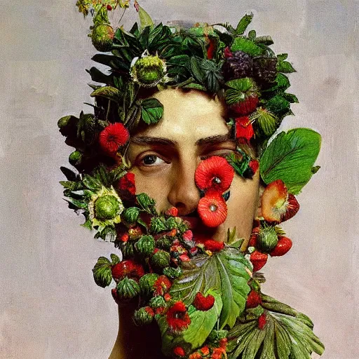 Image similar to a sculpture portrait made of kiwi and strawberries and flowers and plants, painting part by wojciech siudmak, part by ilya repin, part by max ernst, part by norman rockwell, artstation