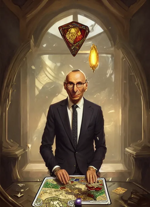 Image similar to enrico letta, wearing a suit, tarot card, deep focus, d & d, fantasy, intricate, elegant, highly detailed, digital painting, artstation, concept art, matte, sharp focus, italian flag, illustration, hearthstone, art by artgerm and greg rutkowski and alphonse mucha