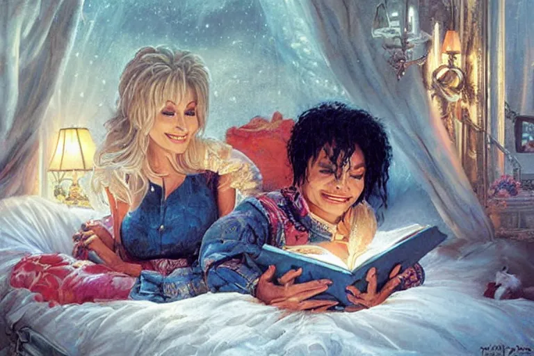 Image similar to portrait of dolly parton reading a bedtime story to michael jackson in bed, an oil painting by ross tran and thomas kincade