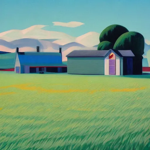 Image similar to dreaming futuristic rural landscape with modern houses, painted by Alex Katz and Edward Hopper, airbrush, highly detailed