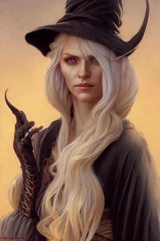 Image similar to portrait of an old blonde elven mage, dark, piercing eyes, gentle expression, elegant clothing, photorealistic, highly detailed, artstation, smooth, sharp focus, art by michael whelan, artgerm, greg rutkowski and alphonse mucha