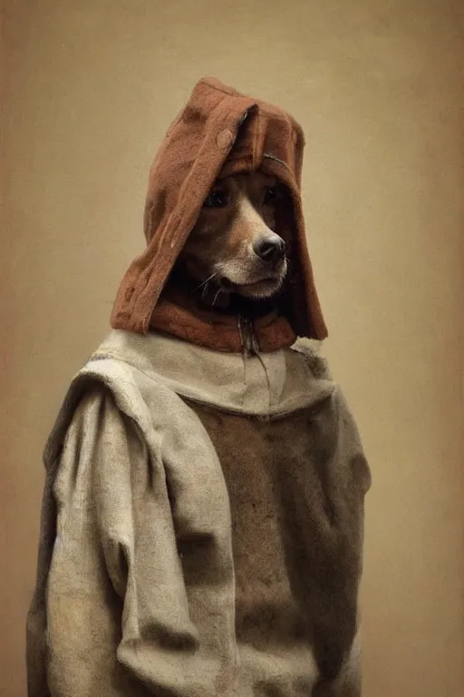 Prompt: Slavic dog head man, woolen torso in medieval clothes, oil painting, hyperrealism, beautiful, high resolution, trending on artstation,