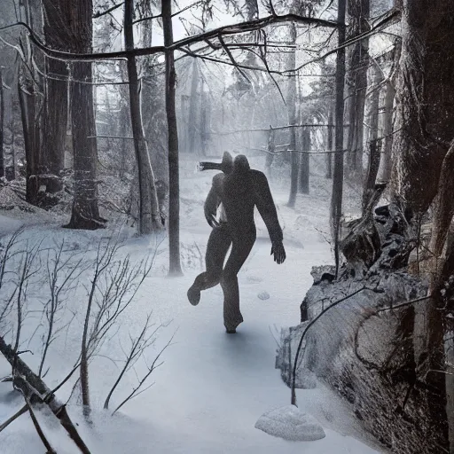 Prompt: an ice man running through the woods of hell, volumetric, style alvin schwartz, epic angles,