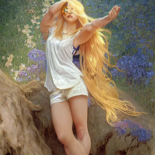 Prompt: A young woman with blonde long hair and bangs in shorts and white shirt drawn by Donato Giancola and Jon Foster, frank frazetta, alphonse mucha, background by James Jean and gustav klimt, 4k, volumetric lighting, french nouveau, trending on artstation, octane render, hyperrealistic