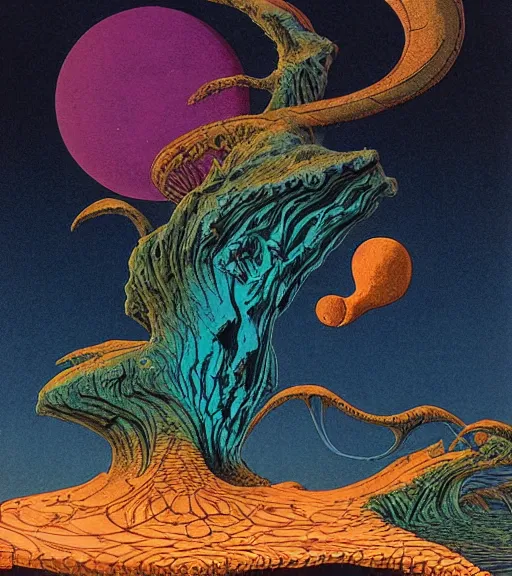 Prompt: pyrography of a Cosmic Cataclysm by Roger Dean and Moebius