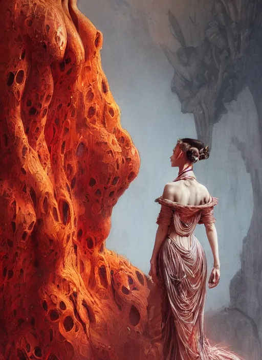 Image similar to Girl at a fashion show in hell, model a magnificent McQueen couture bright clothes, fashion style, horror, fire, lava, intricate, elegant, highly detailed, artstation, concept art, smooth, sharp focus, illustration, art by and greg rutkowski and orientalism and bouguereau and Zdzislaw Beksinski