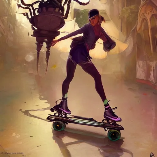 Image similar to a spider is rollerskating, rollerskates, highly detailed, digital painting, artstation, concept art, smooth, sharp focus, illustration, art by artgerm and greg rutkowski and alphonse mucha