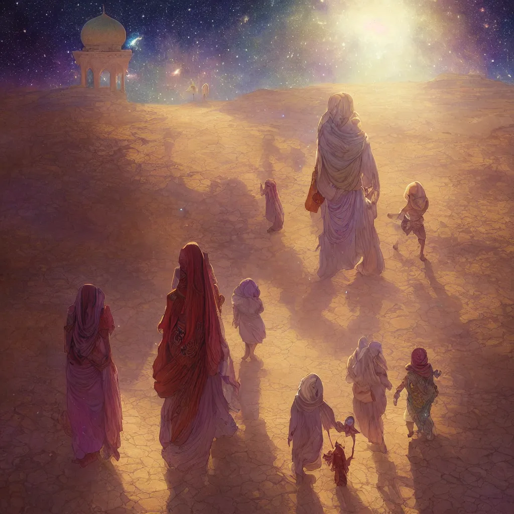 Image similar to bedouin man and woman and child in galaxy walking towards mosque surrounded by nebula, highly detailed, gold filigree, romantic storybook fantasy, soft cinematic lighting, award, disney concept art watercolor illustration by mandy jurgens and alphonse mucha and alena aenami, pastel color palette, featured on artstation