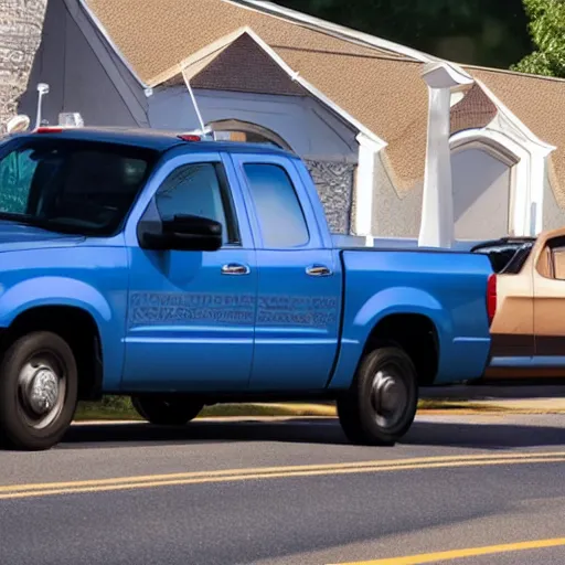 Image similar to man in a blue pickup truck, drunk driving in a church parking lot, security camera footage