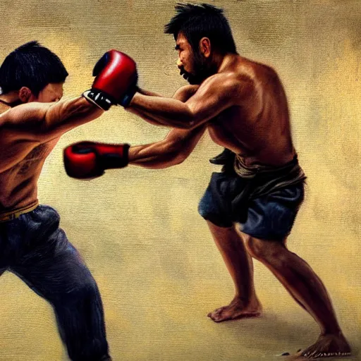 Image similar to asian person fighting a turkish person, cinematic, 4 k, oil painting