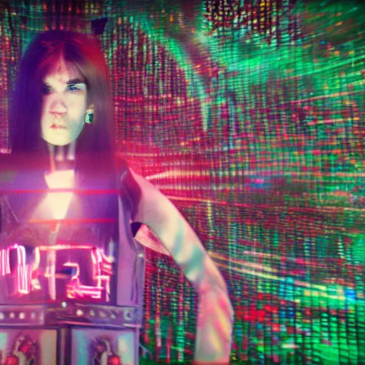 Image similar to cinematic render of Grimes in a large room with holographic letters and numbers