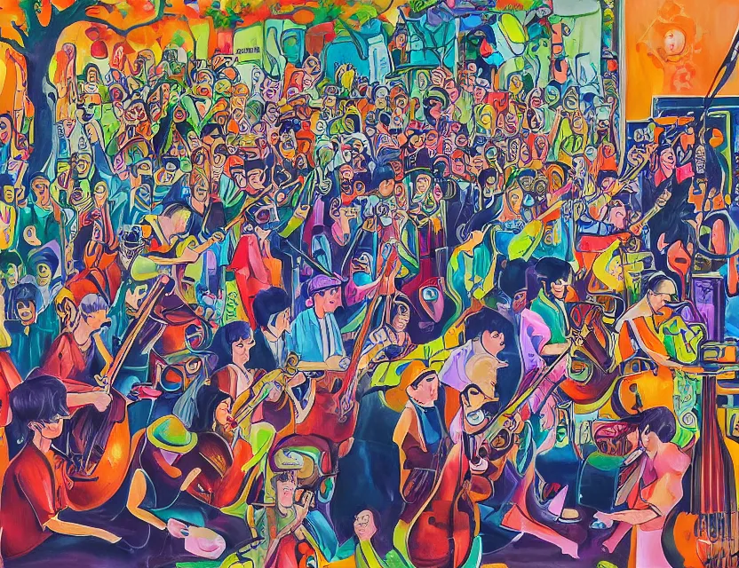Prompt: a painting of a concert by vegatables playing music of the Beatles in the style of artist James Jean