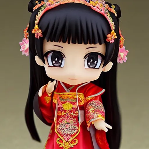 Prompt: cute and gorgeous asian girl in a pretty intricate chinese dress, beautiful symmetrical eyes, nendoroid face symmetry