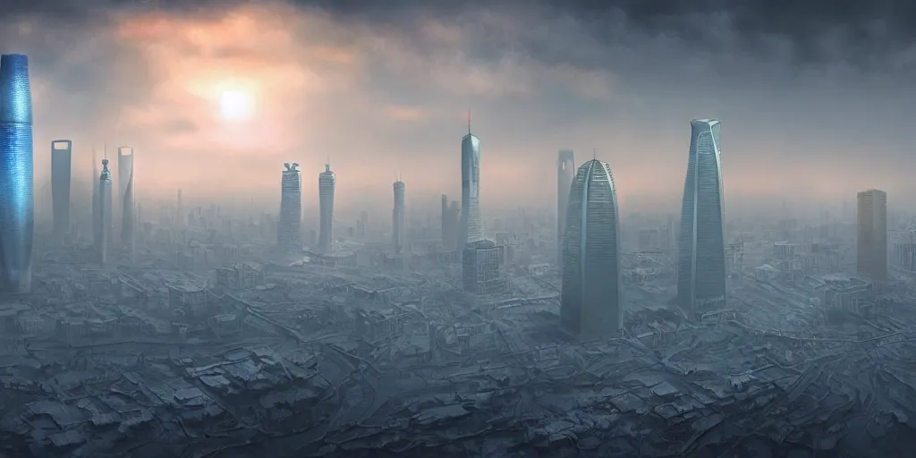 Image similar to nuclear winter, shanghai city, near future, fantasy, sci - fi, hyper realistic, serene, morning.