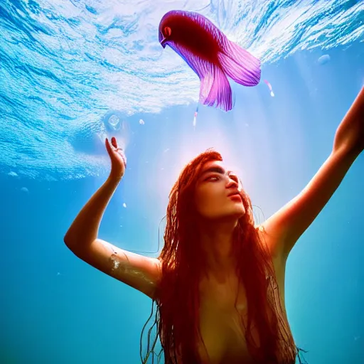 Image similar to masterpiece wide angle portrait of a beautiful woman swimming with jellyfish, dynamic lighting, colored, translucent, national geographic