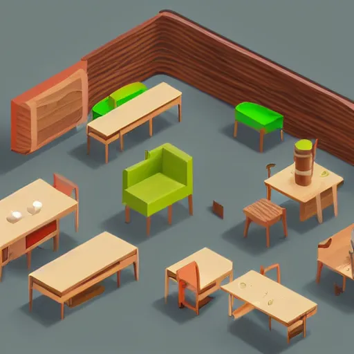 Prompt: isometric cartoon of funky recreational cannabis cafe area, coffee machine, aluminum sheen, wooden furniture, people drinking coffee and smoking cannabis, tables and chairs, by benoit mandelbrot, low poly cute minimal interior design concept art illustrated by anni albers