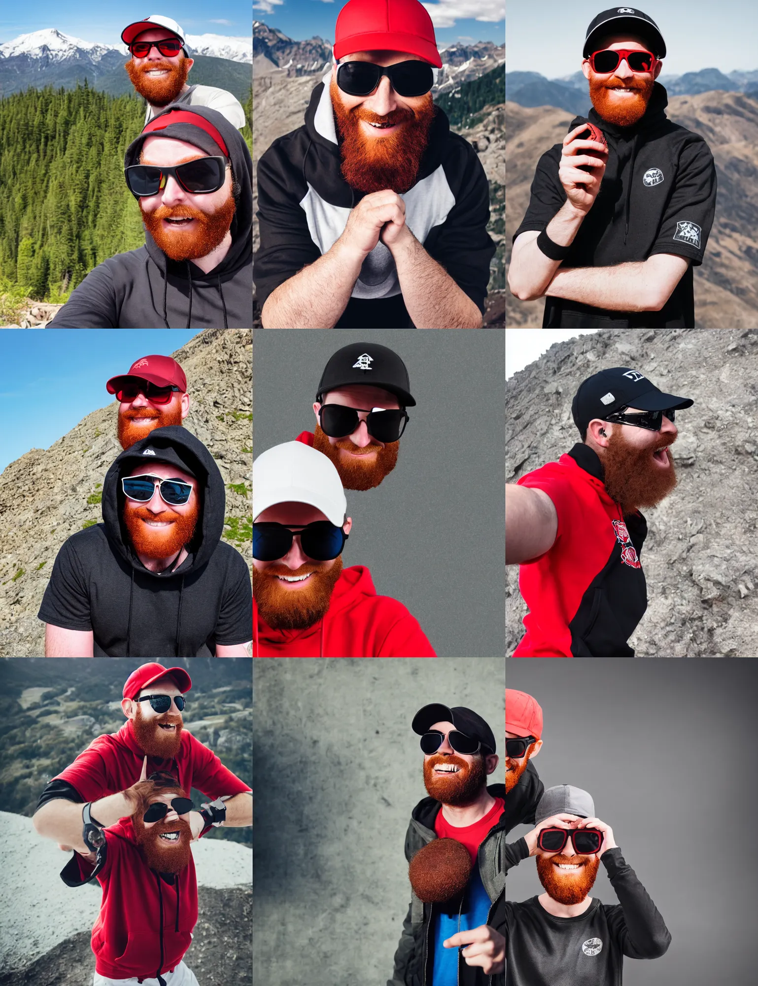 Prompt: red bearded engineer with sunglasses and black baseball cap and hoody, no hands, mountain, smiley profile, white skin, centred, high detailed