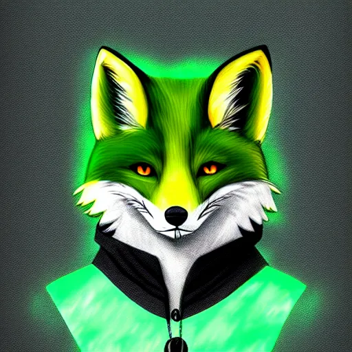 Image similar to anthropomorphized fox in anime style, green and black colors, digital painting, hd, concept art