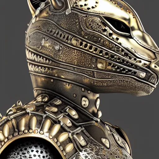 Image similar to warrior with metal jaguar armour, highly detailed, 4k, HDR, smooth, sharp focus, hyper realistic, high resolution