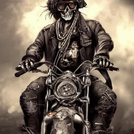 Image similar to outlaw bikers with skull faces and skeletal bodies but still wearing outlaw biker regalia, concept art, digital art, art station