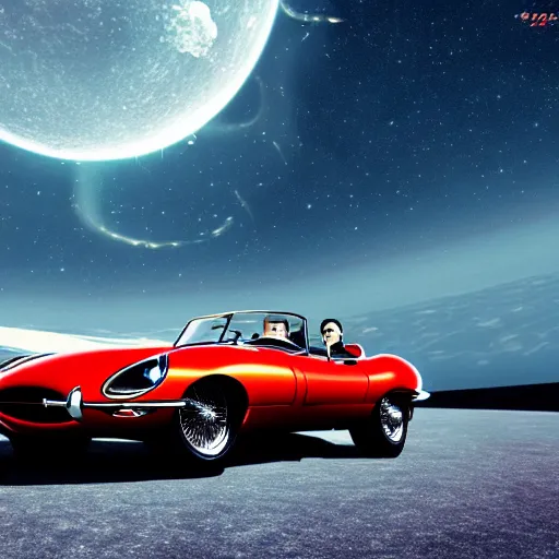 Prompt: a retro sci fi wallpaper of a jaguar e - type series 1 roadster flying in space, realistic, outer space only