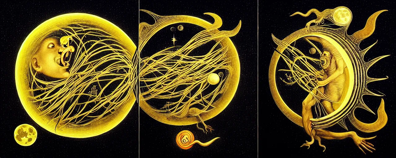 Image similar to a surreal creature with a mouth of gold radiates a unique canto'as above so below'to the moon, while being ignited by the spirit of haeckel and robert fludd, breakthrough is iminent, glory be to the magic within, in honor of saturn, painted by ronny khalil