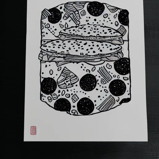 Image similar to hawaiian pizza japanese ink print